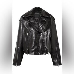 ROKH Glossed Leather Biker Jacket Oversized Silver Hardware Zipper Vents FR 36